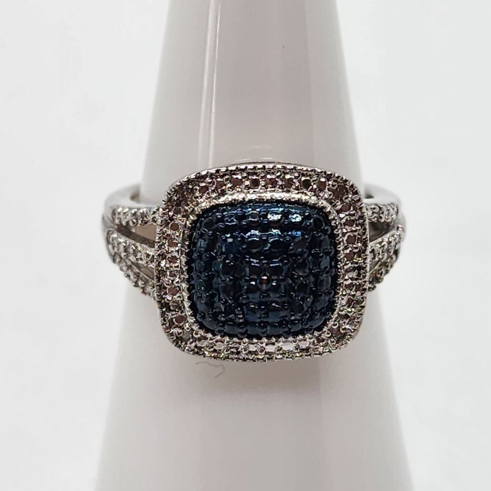 Sun Bronze Silver Plated Clear & Blue Genuine Diamond Ring (6)